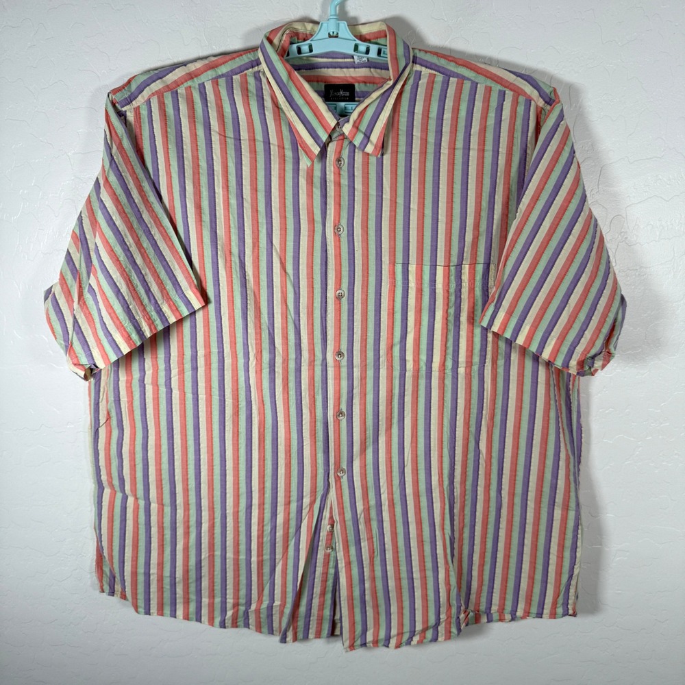 Vintage Neiman Marcus Button Down Mens 2XL Colorful Seersucker Striped USA